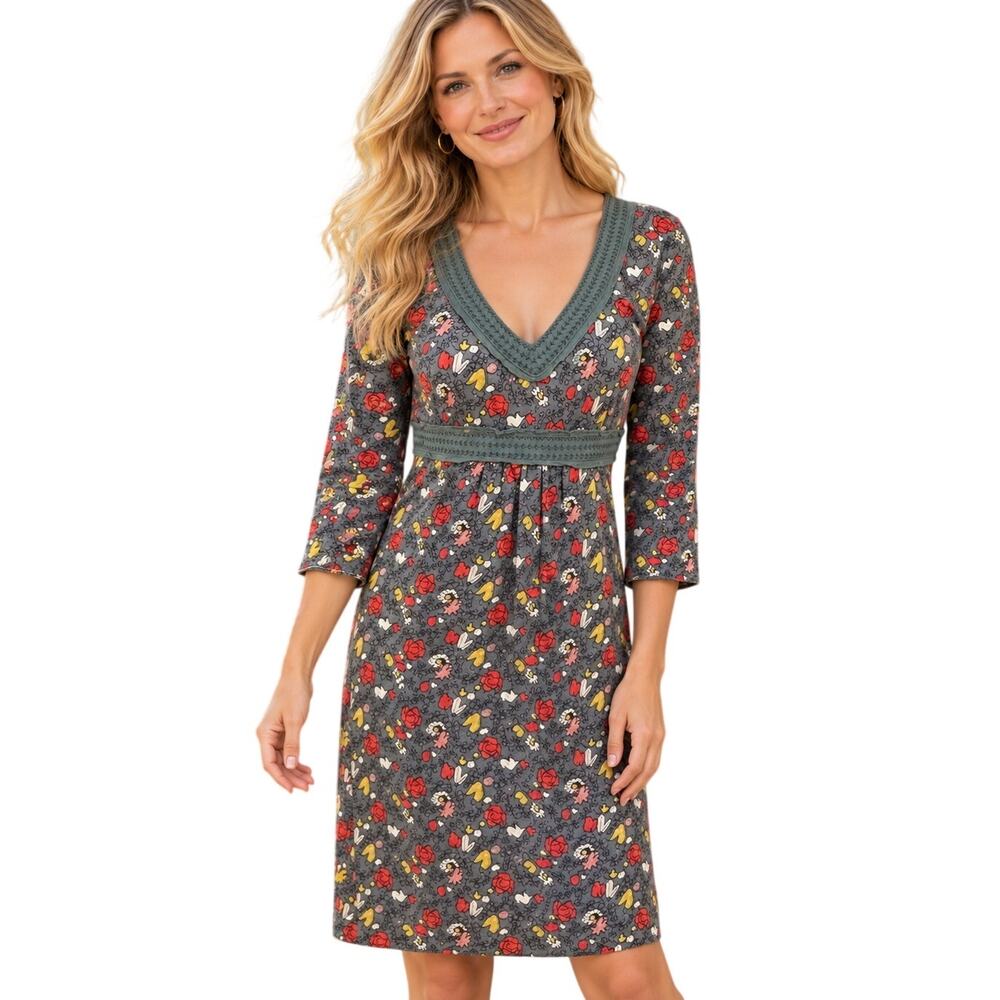 Boden Floral Knit Dress Womens Size 6 Long Dusty Blue Empire Waist V-Neck Cotton